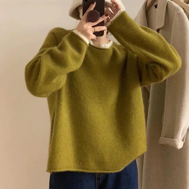 Áo Sweater Dệt Kim Tay Dài Cổ Tròn Phối Ren Thời Trang Cho Nữ