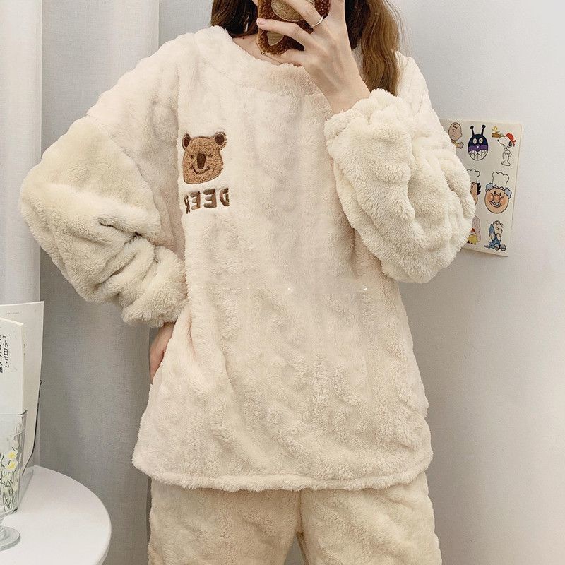 Đồ ngủ nhung san hô nữ thu đông lót nhung dễ thương