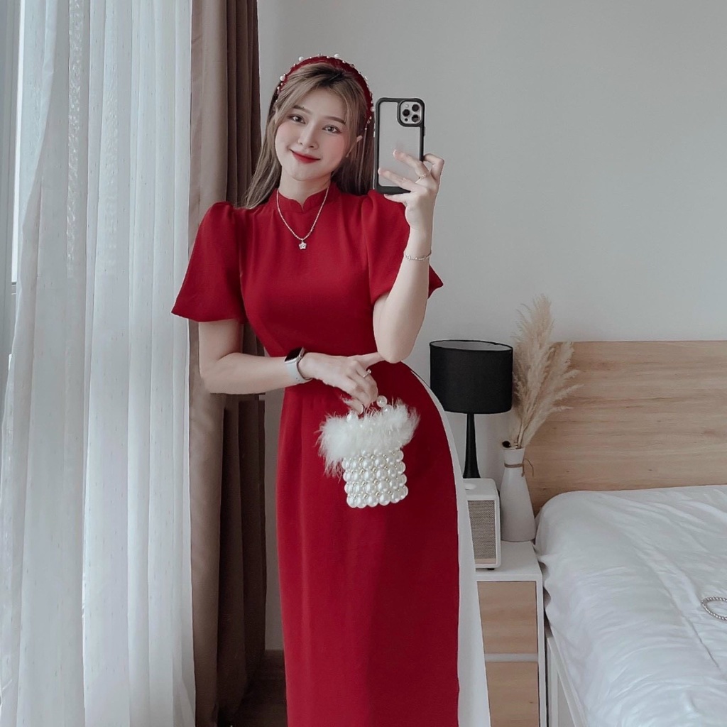 Set Áo Dài Nữ Cách Tân cổ tàu vải nhung cao cấp kèm quần có chun eo. Đầm váy nữ mặc đi tiệc, chơi dạo phố, Tết - Reva