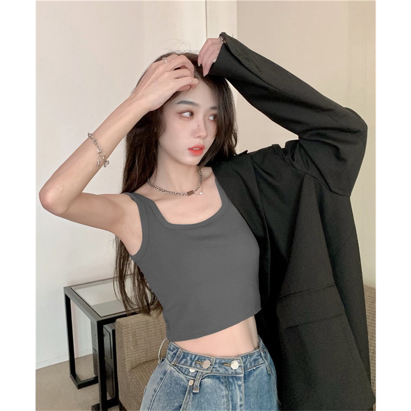 NRVP Áo tanktop co giãn phong cách Hàn Quốc với đệm ngực