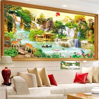 Tranh đính đá ABC phong cảnh lưu thủy sinh tài 1m20 x 60cm