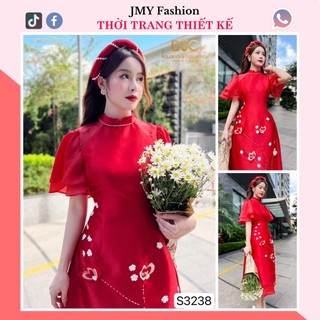 S3238 Set áo dài cách tân đỏ [kèm video SP] áo dài đỏ đính hoa nổi cao cấp - DVC&ACC