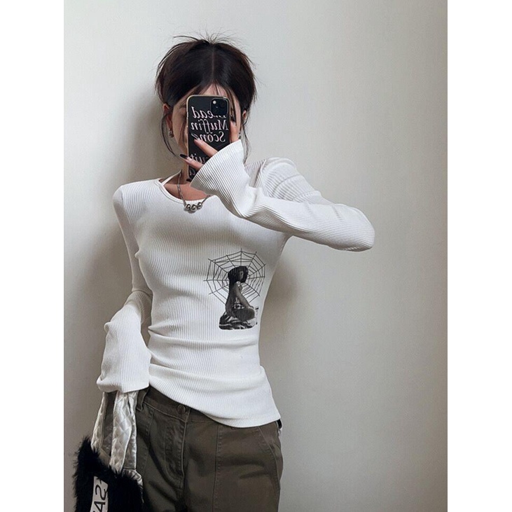 Áo Thun Thu Đông Tay Dài Hở Vai Dáng Ôm Màu Trơn Dễ Phối Đồ Phong Cách Mỹ Cho Nữ