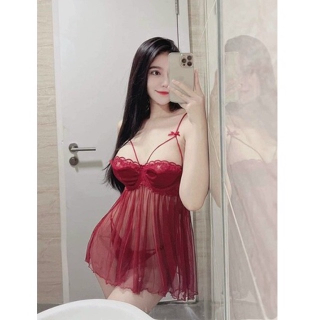 SP.70 Váy ngủ hai dây xuyên thấu thêu hoa có gọng ngực kèm quần chip, Đầm ngủ Quảng Châu cao cấp có sẵn