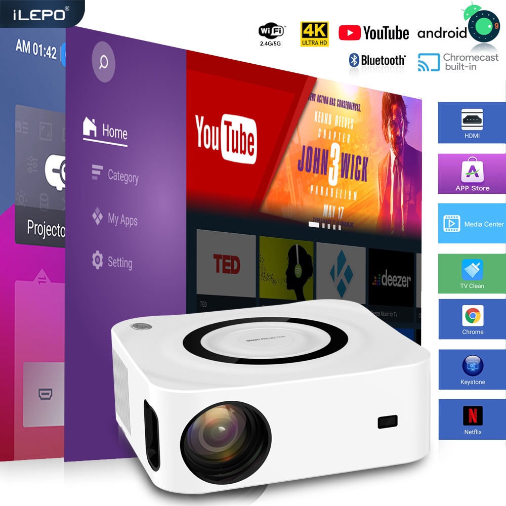Máy chiếu mini Full HD 1080P hình ảnh sắc nét tích hợp android 9.0 kết nối wifi kép bảo hành 12 tháng GT2 máy chiếu