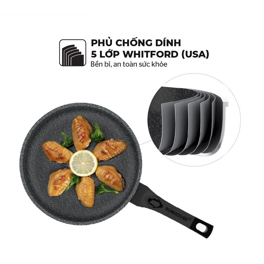 Chảo Siêu Bền Đá SUNHOUSE SBD18 / SBD20 / SBD24 / SBD26 / SBD28 / SBD30 Hợp Kim Nhôm 3 Lớp Chống Dính Tráng Vân Đá