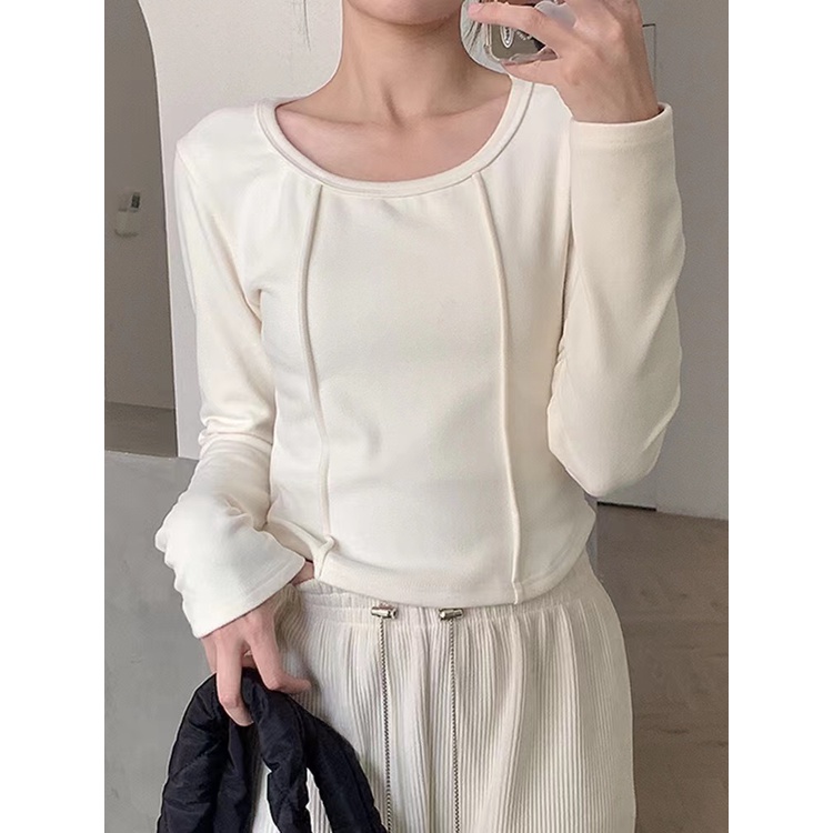 Áo Thun Tay Dài Cổ Vuông Màu Sắc Đơn Giản Phong Cách Hàn Quốc Cho Nữ