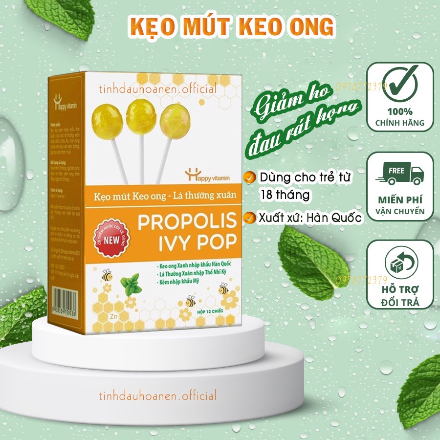 Kẹo mút keo ong lá thường xuân Hoa Nén hộp 12 cái  - Giảm ho, ngừa đau rát họng cho bé, người lớn