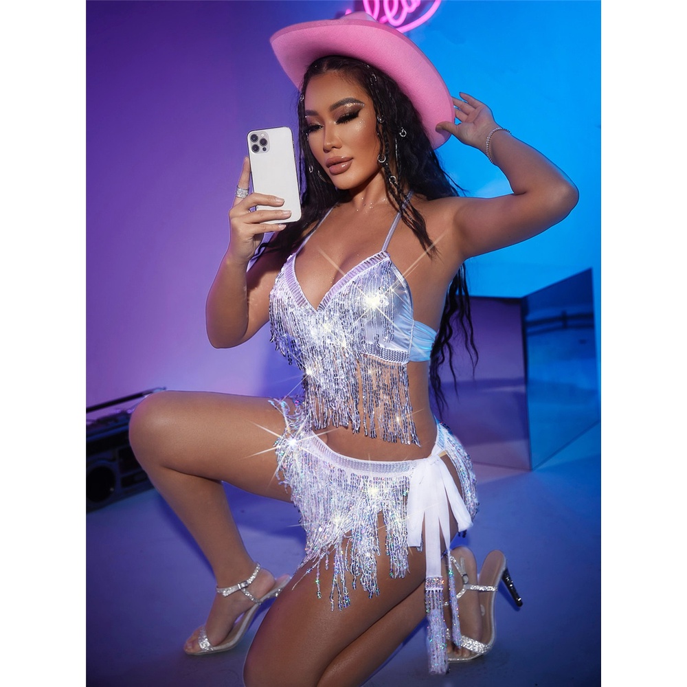 Set áo và chân váy DUNEA phối tua rua đính hạt thời trang gợi cảm