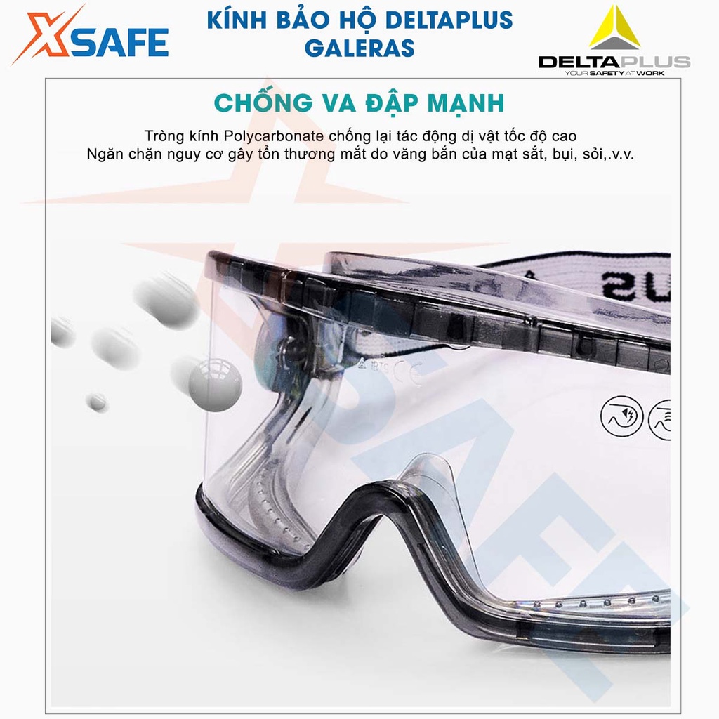 Kính bảo hộ chống hóa chất Deltaplus Galeras Mắt kính đeo được cùng kính cận, điều chỉnh, chống bụi , chống đọng sương