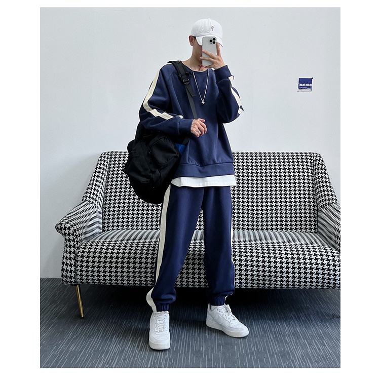 Bộ Thể Thao Cổ Tròn Nam Phối Sọc Kẻ Trơn, Nỉ Ngoại 100% Dày Dặn Fom Rộng Sành Điệu Hot Trend Mùa Đông 2023