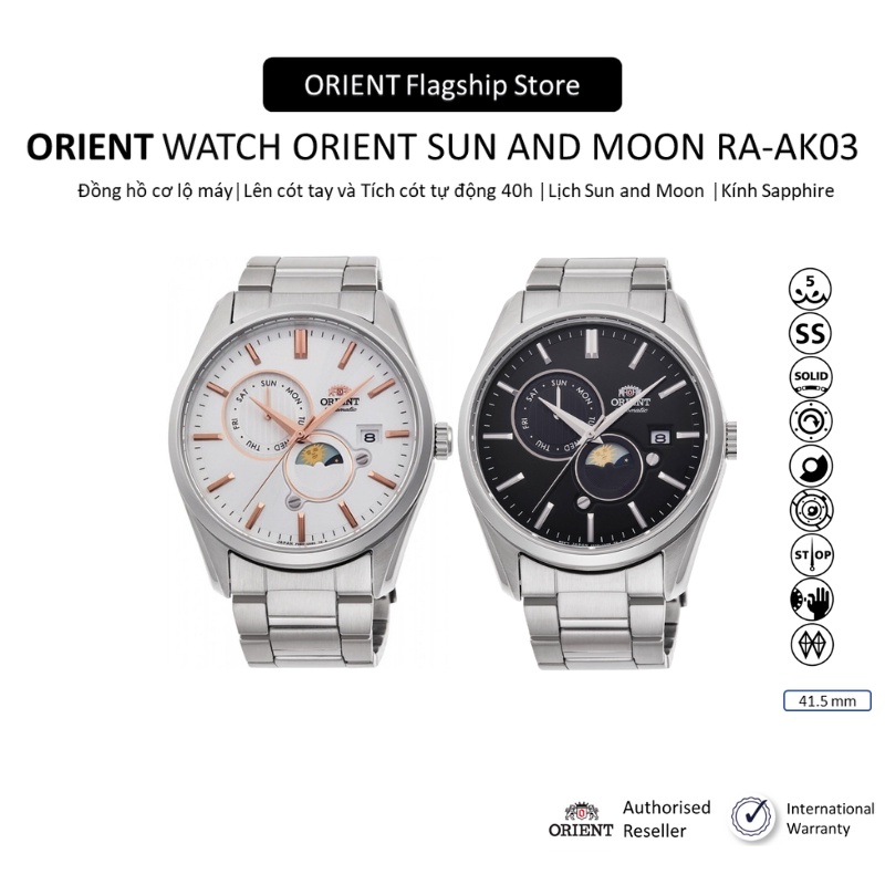 Đồng hồ nam Orient Watch Sun And Moon RA-AK03 máy lộ cơ automatic mặt kính sapphire dây thép đeo tay cao cấp chính hãng