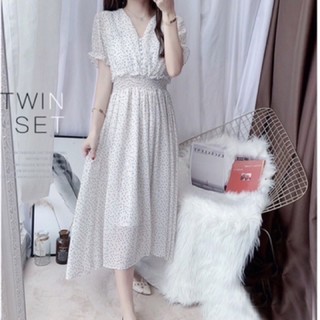 Đầm midi dạo phố bi trắng nút bọc dáng xoè (kèm hình thật)