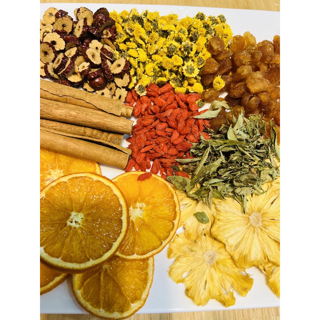 Set 10 gói trà hoa, quả sấy (cam, dứa, hoa cúc, hoa nhài, kỳ tử, long nhãn, táo đỏ,...)