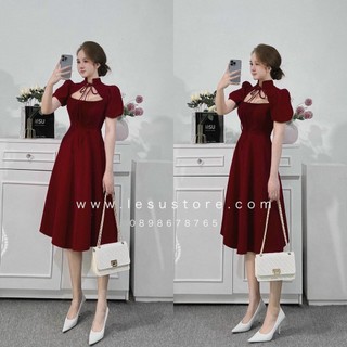 đầm nhung cổ yếm dáng xòe midi màu đỏ đỏ xinh xinh ngamt