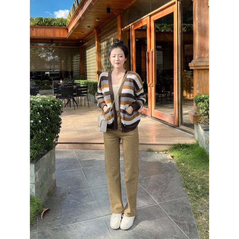 ÁO CARDIGAN  NÚT TIM 2 TÚI KẺ MÀU