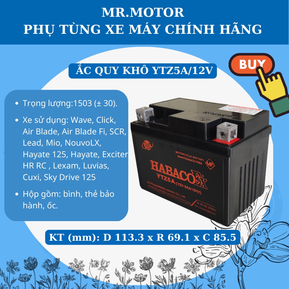 Ac quy 12v, ắc quy khô xe wave RS, RSV,100S,RSX,110 RS, Click, AirBlade, Lead, Exciter Chính hãng Habaco YTZ5A mới 100%
