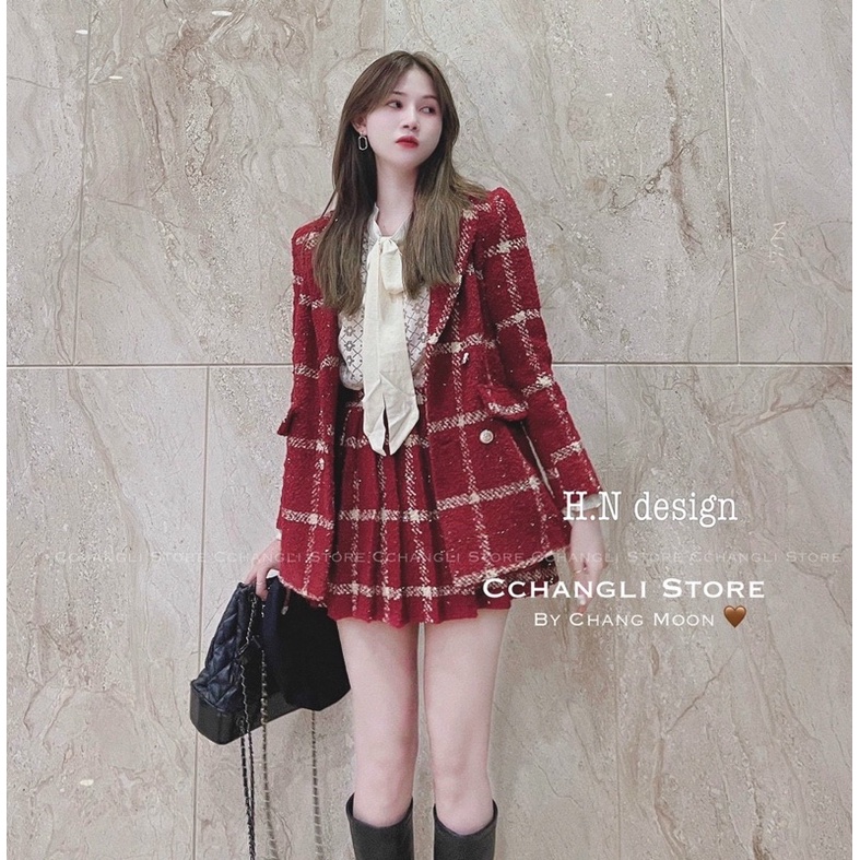Set dạ kẻ đỏ hàng 2 lớp cv có quần trong