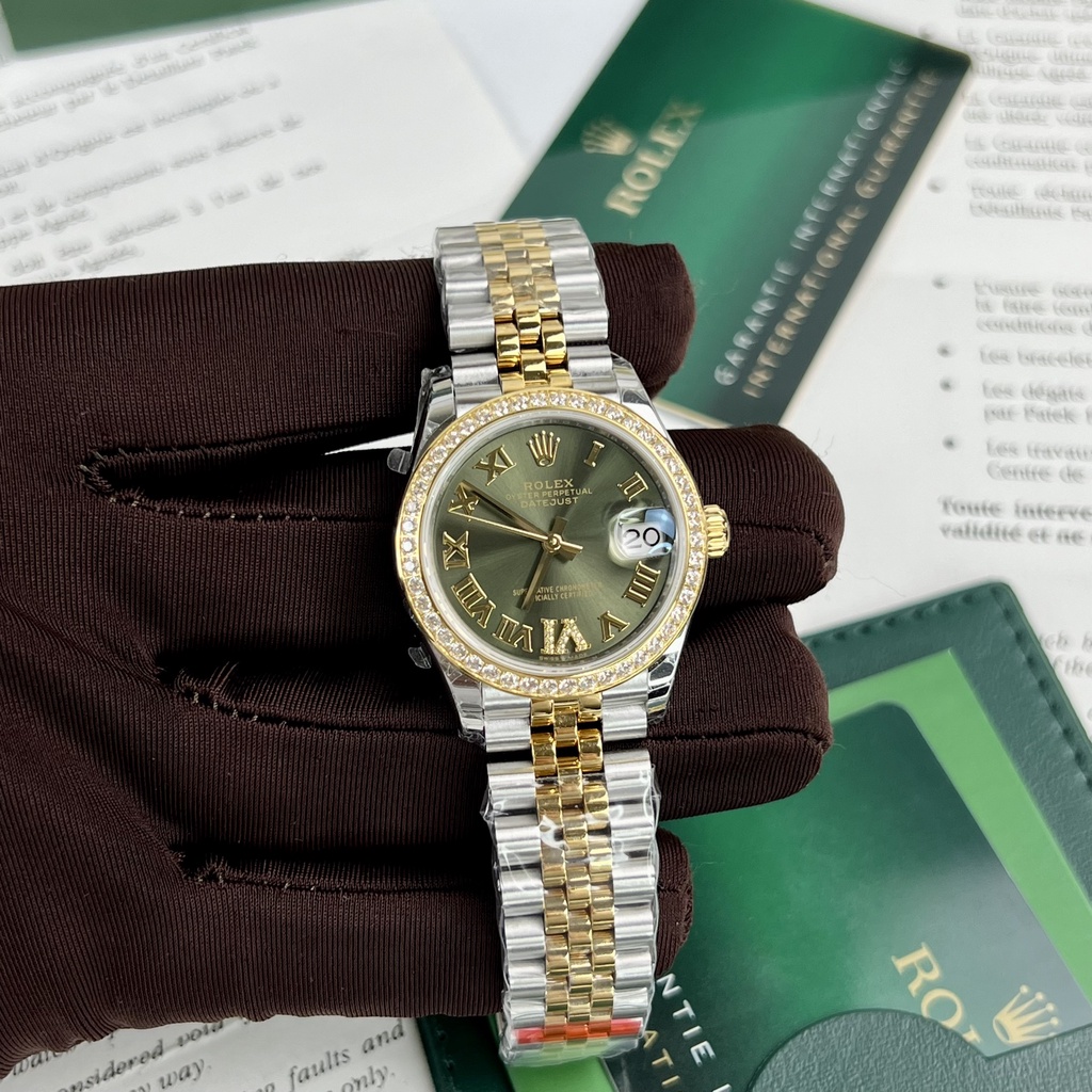 Đồng hồ nữ Rolex Date Just DemiGold 32mm máy ETA Calibre 3235 28800mph, viền + dây demi mạ vàng 18k
