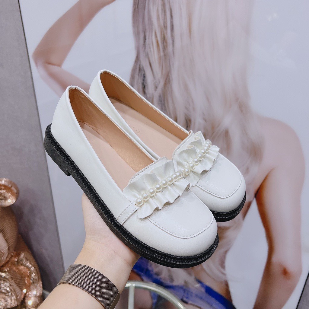 Giày nữ, giày lười bèo nhún ngọc siêu xinh 2 màu đen, kem