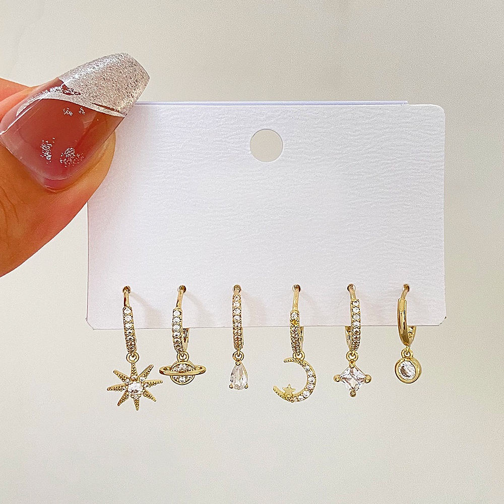 Bộ Khuyên Tai Mặt Trăng Và Ngôi Sao Bằng Đồng Đính Đá Zircon Thời Trang Hàn Quốc Cho Nữ