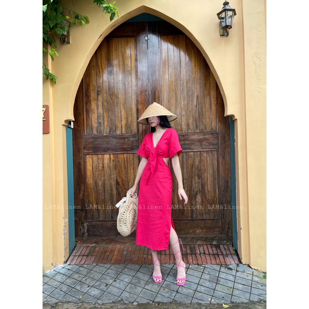 Đầm Váy nữ Cutout khoét eo midi vải Linen