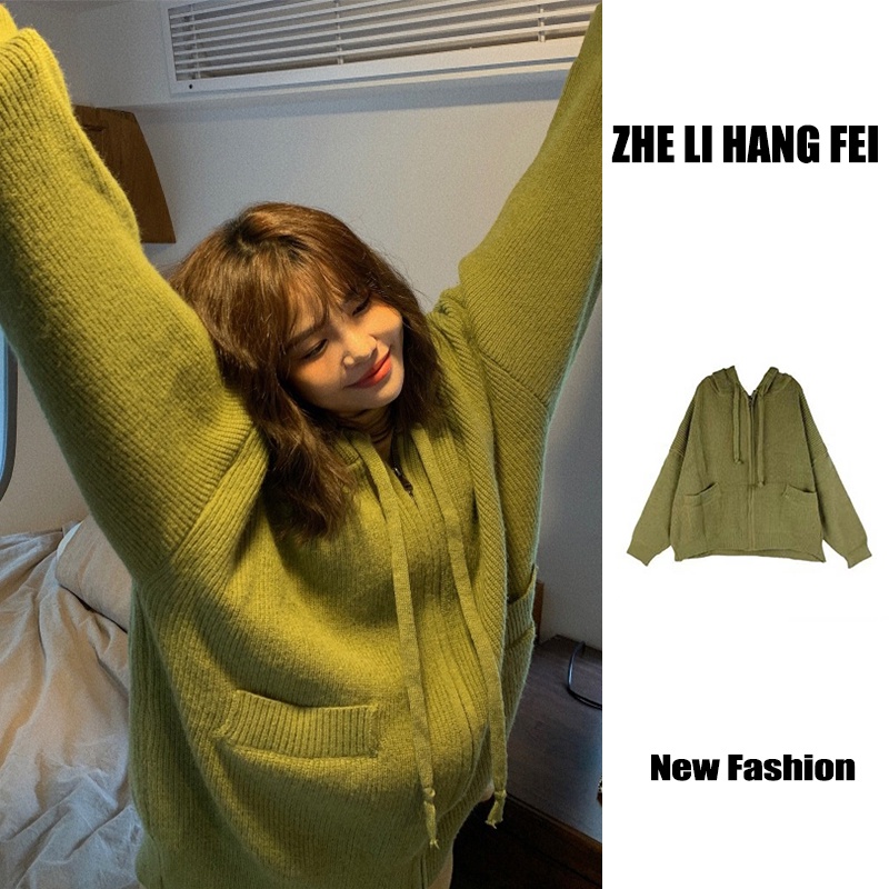 Áo khoác cardigan ZHELIHANGFEI dệt kim tay dài dáng rộng có mũ thời trang phong cách preppy