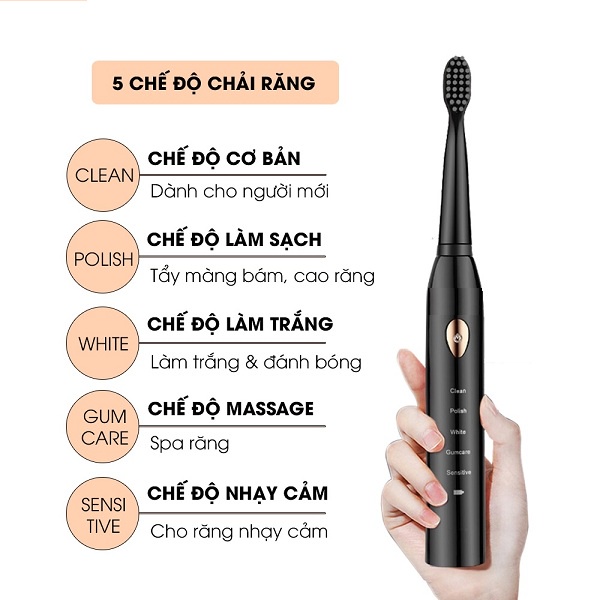 Bàn Chải Đánh Răng Điện Sạc Siêu Âm Rung 5 Chế Độ Tự Động Chăm Sóc Và Làm Sạch Răng Miệng Thông Minh