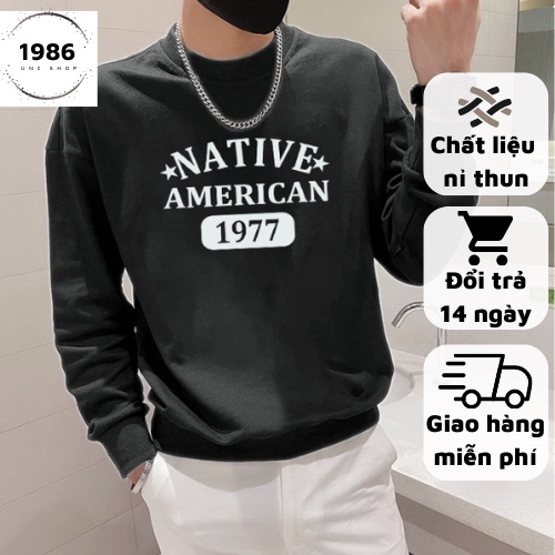 Áo thun nam nữ dài tay Native 1986unishop, Áo nỉ phông trơn Hàn Quốc cổ tròn cao cấp, Áo nỉ tay dài chất đẹp hiện đại