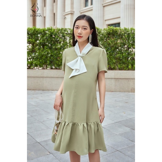 Đầm bầu công sở BONNA dáng suông thanh lịch, phối nơ cổ nữ tính, gam màu xanh nhẹ mát, chất liệu tuytsi cao cấp