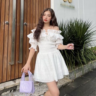 Đầm xoè SheByShj trễ vai màu trắng phối bèo - Cici Dress
