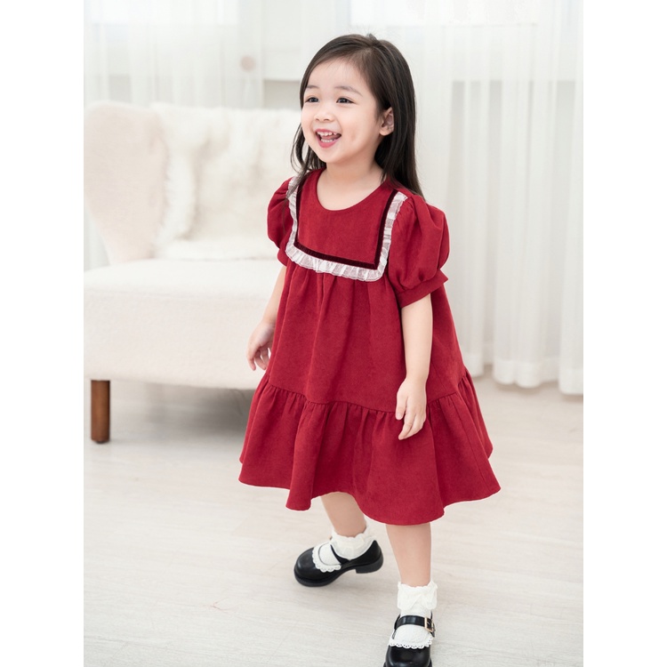 Váy Nhung Đỏ Baby Doll Carrot Cho Bé Gái, Ngực Ren Bèo Phối Ruy Băng, Chất Liệu Nhung Chéo Hàn