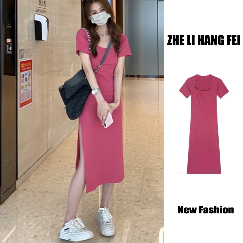 Đầm dệt kim ZHELIHANGFEI ngắn tay dáng ôm xẻ tà thời trang quyến rũ cho nữ