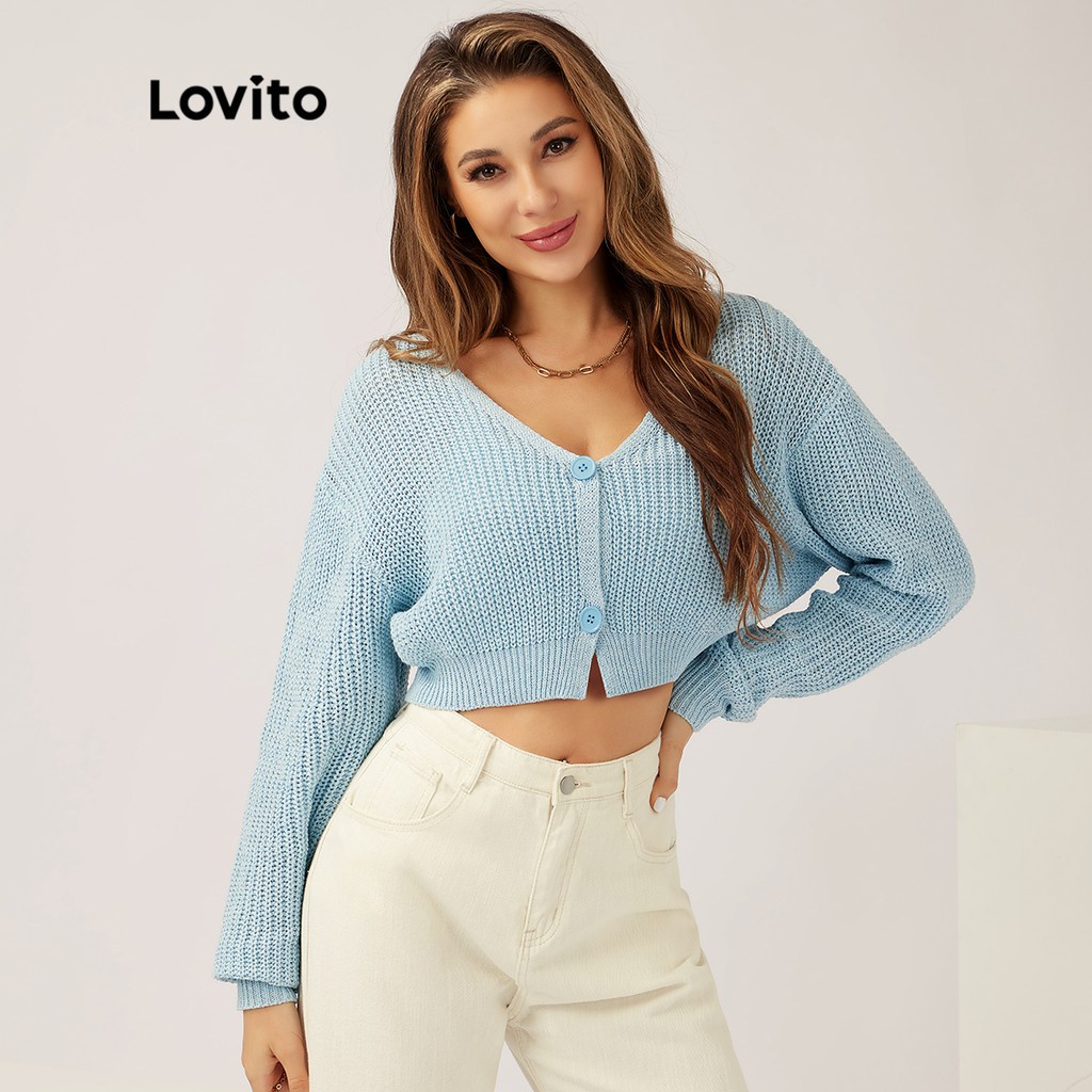 Lovito Bình thường V Neck Áo len có nút dài tay L21LT110 (Xanh nhạt)