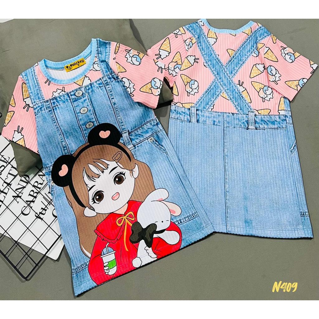 Đầm yếm in 3D giả jean siêu mềm mát cho bé 22-40kg