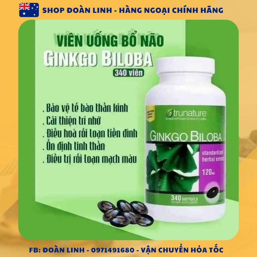 Viên uống bổ não Ginkgo biloba Trunature 340v, Hàng chuẩn đi air, Ginkgo Biloba Trunature 120mg của Mỹ