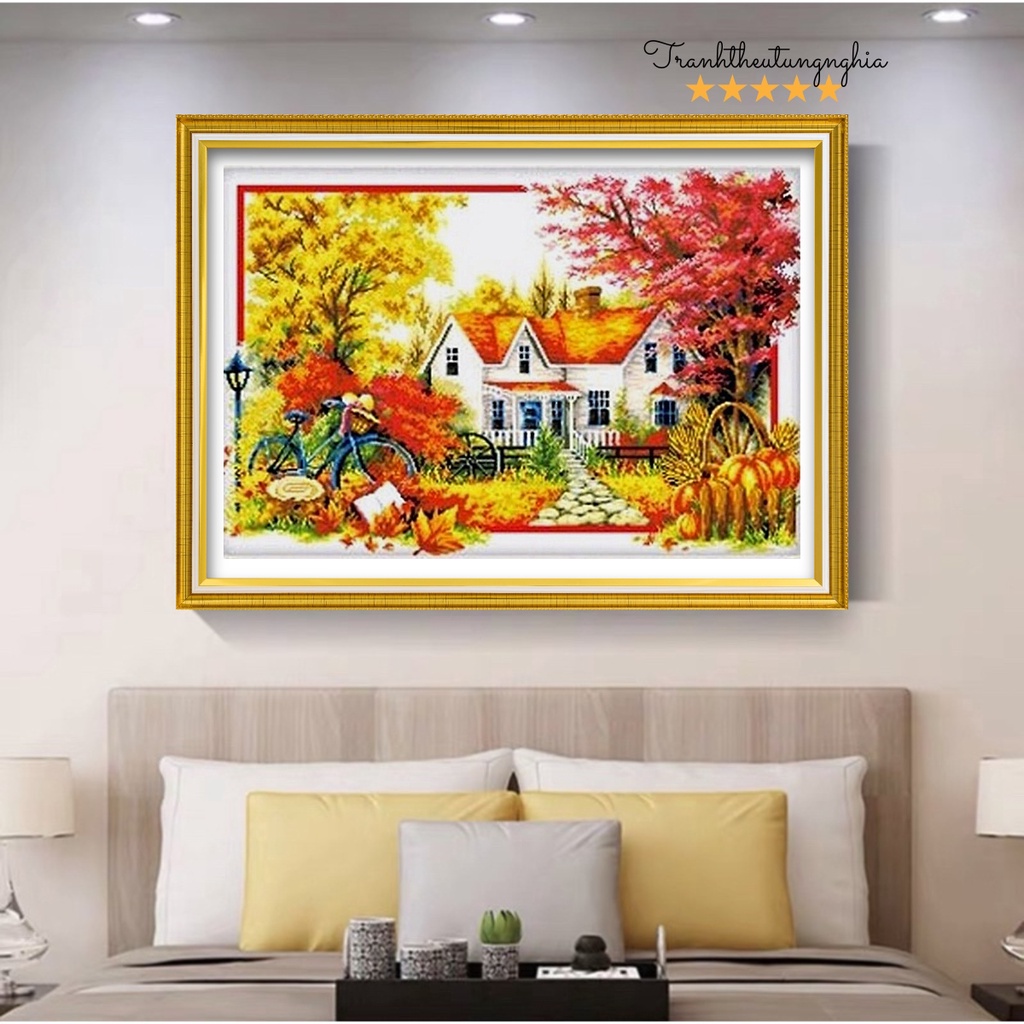 Tranh Thêu Chữ Thập PHONG CẢNH NGÔI NHÀ HẠNH PHÚC. Kích Thước: 84cm x 59cm