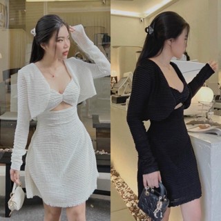    BIG SIZE Loại 1 + Ảnh Thật  Set Đầm Ngắn Xoè 2 Dây Vải Xốp Sóng Vảy Cá Khoét Dưới Ngực Kèm Áo Khoác Ngoài Croptop Dài 
