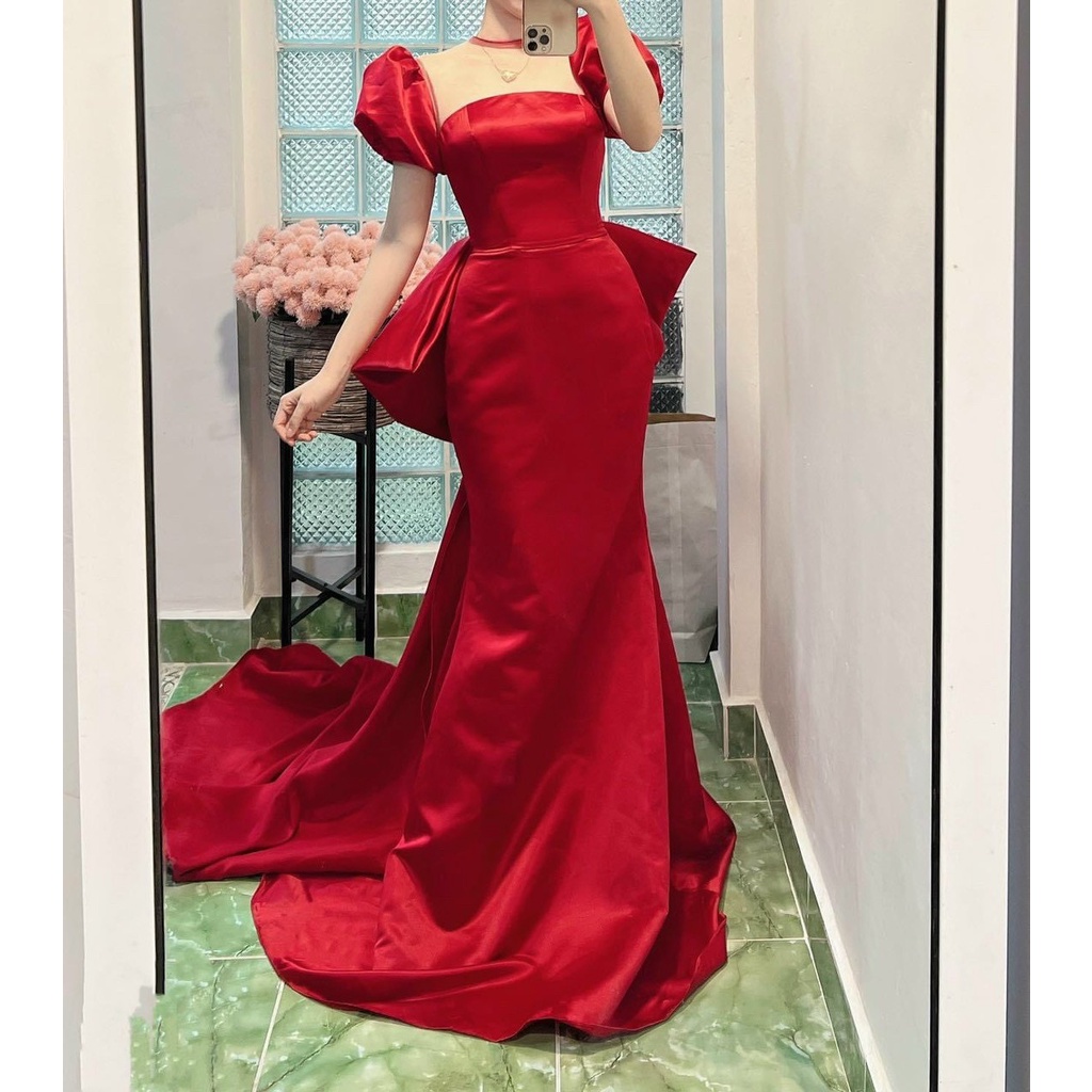 Đầm maxi body mặc cưới TRIPBLE T DRESS hở lưng ngọc phối nơ to sang trọng - size S/M/L - MS181Y