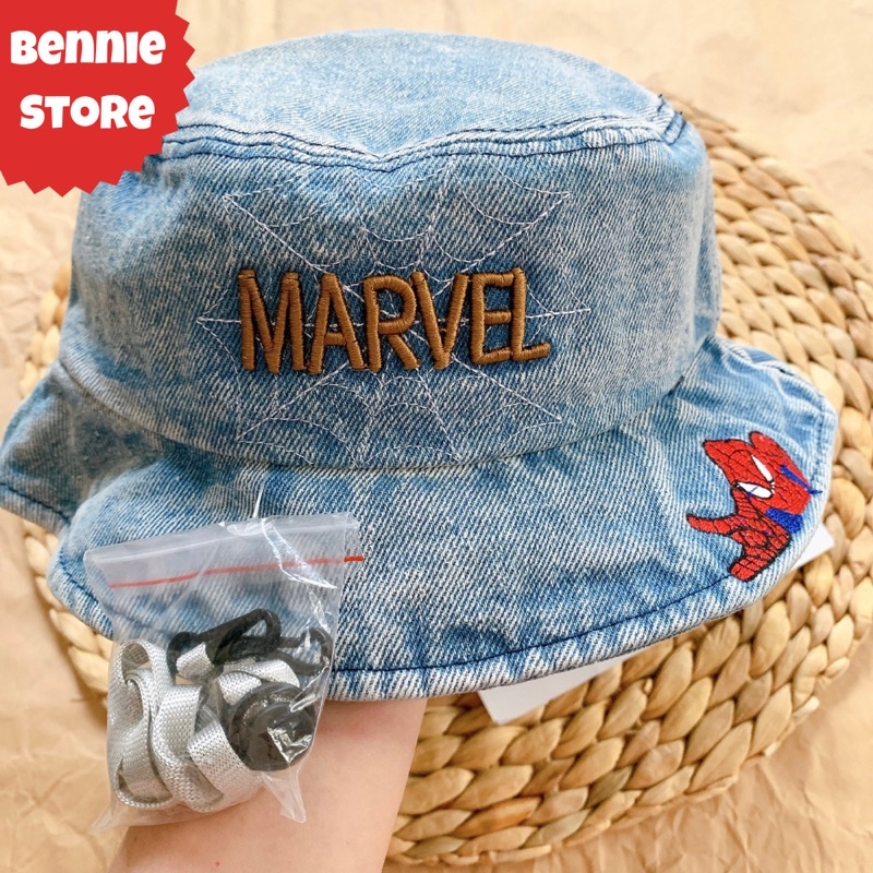 Mũ Jeans vành họa tiết Marvel hoạt hình có quai, Nón Jeans nhân vật Marvel cho bé