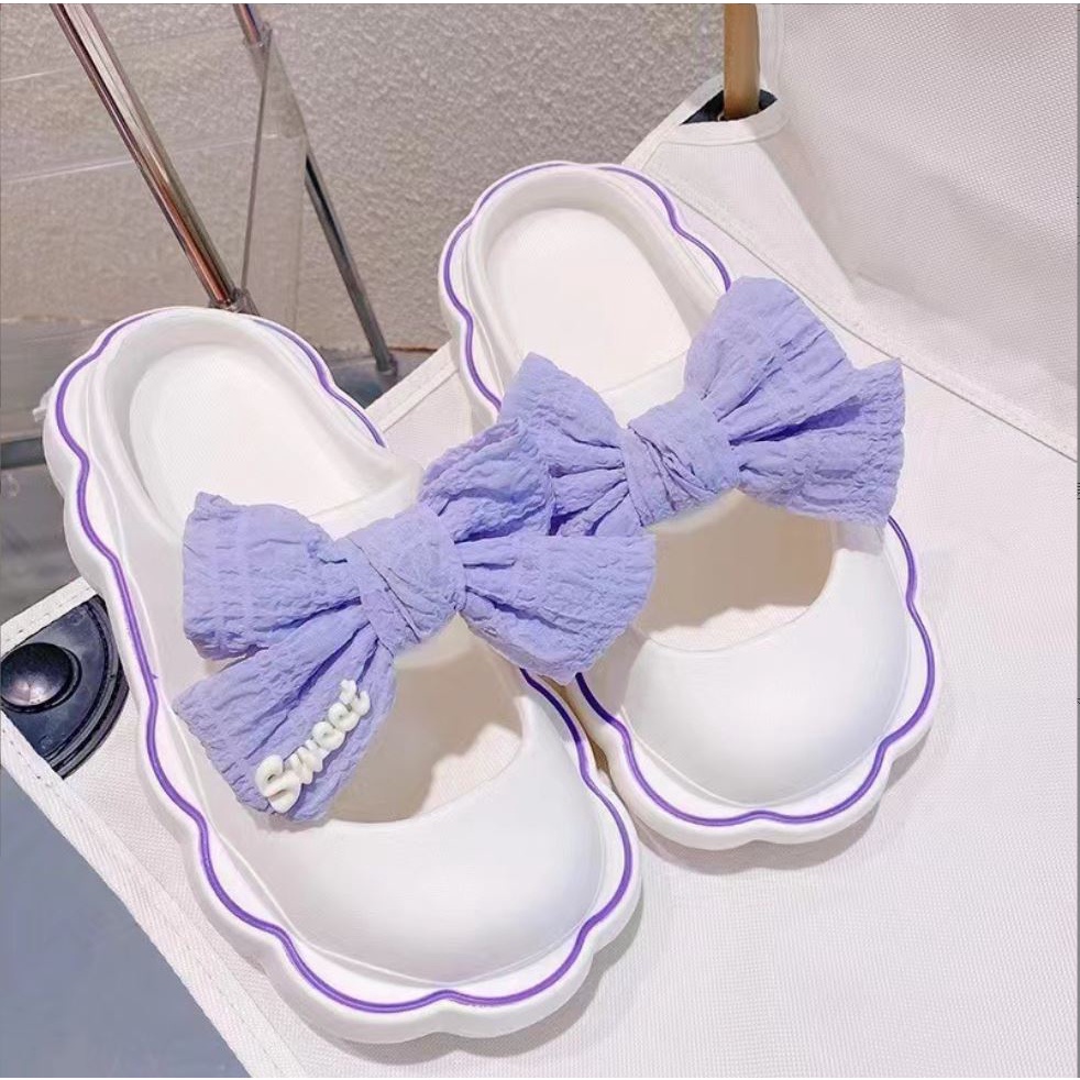Dép Sục Nữ Đính Nơ Tiểu Thư 3 Màu Đế Phối Kẻ Viền