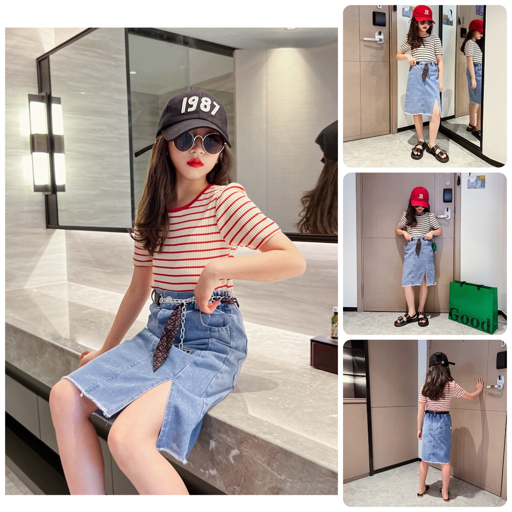 BV3 Size130-170 (25-45kg) Set bộ bé gái, áo thun chân váy jean Thời trang trẻ Em hàng quảng châu