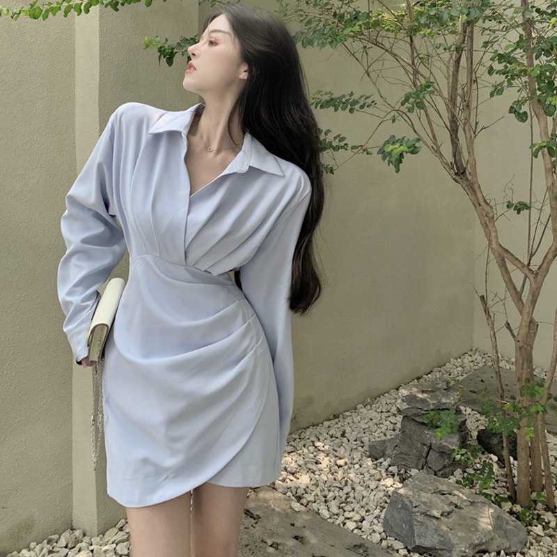 Đầm Dài Tay Màu Sắc Trơn Thiết Kế Bất Đối Xứng Phong Cách Hàn Quốc