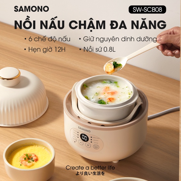 Nồi nấu chậm nấu cháo, ninh, hầm, chưng yến cho bé ăn dặm 6in1 KidsWorld Samono SW-SCB08 dung tích 0.8l