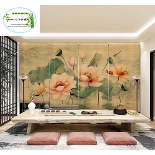 Màn rèm sáo trúc tranh Nghệ Thuật hình Hoa Sen. Rèm tre trúc tranh che cửa kính. Mành tre trang trí, decor.