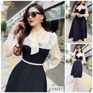 V3227 Váy nhung đen dự tiệc [kèm ảnh sàn + video SP] váy phối tay voan cổ nơ tiểu thư nữ tính - (DVC&ACC)