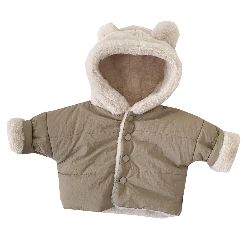 Áo khoác lót lông cho bé, thiết kế có mũ lông tai gấu ấm áp, dễ thương