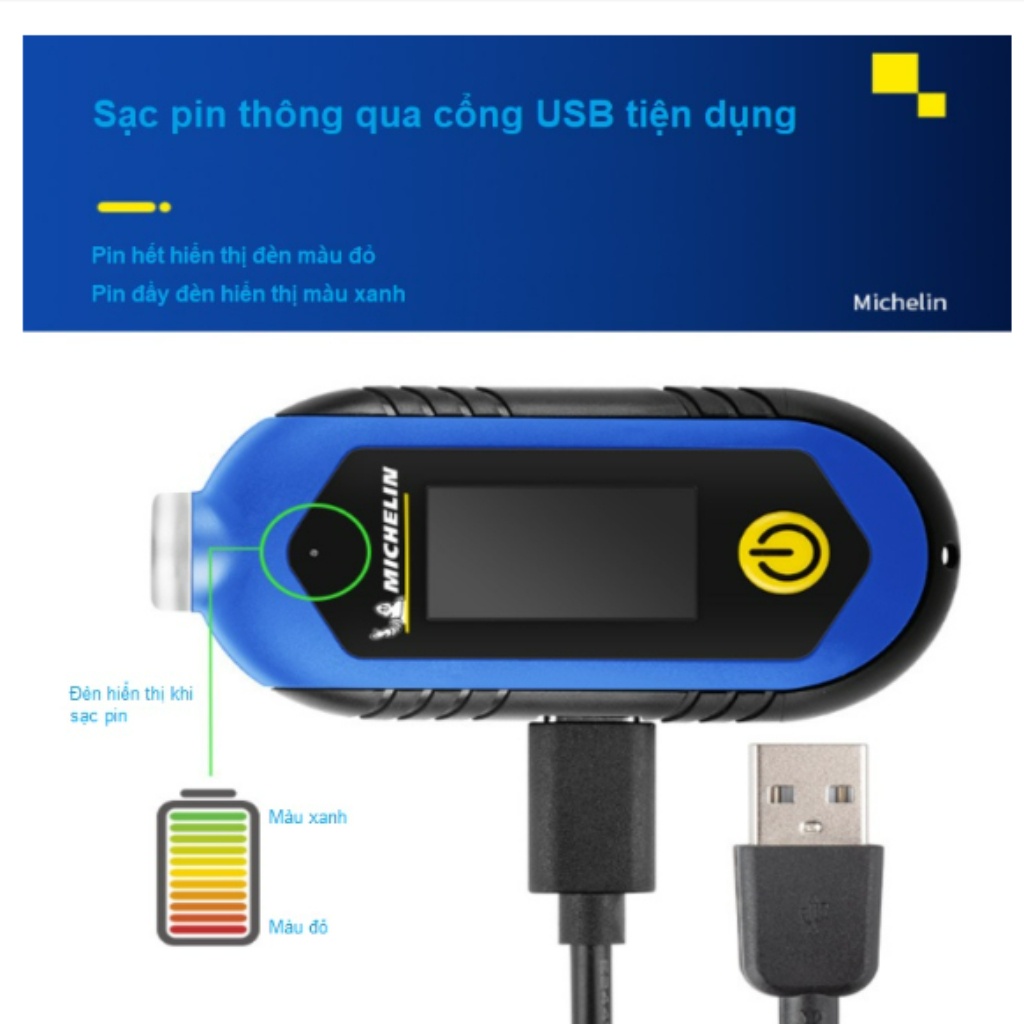 Đồng hồ đo áp suất lốp đo độ mòn lốp gai điện tử tích hợp sạc usb Michelin M2210 - Hàng chính hãng