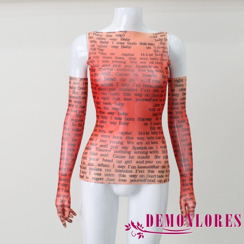 Áo Croptop Sát Nách In Chữ + Găng Tay Thời Trang Đường Phố Cho Nữ