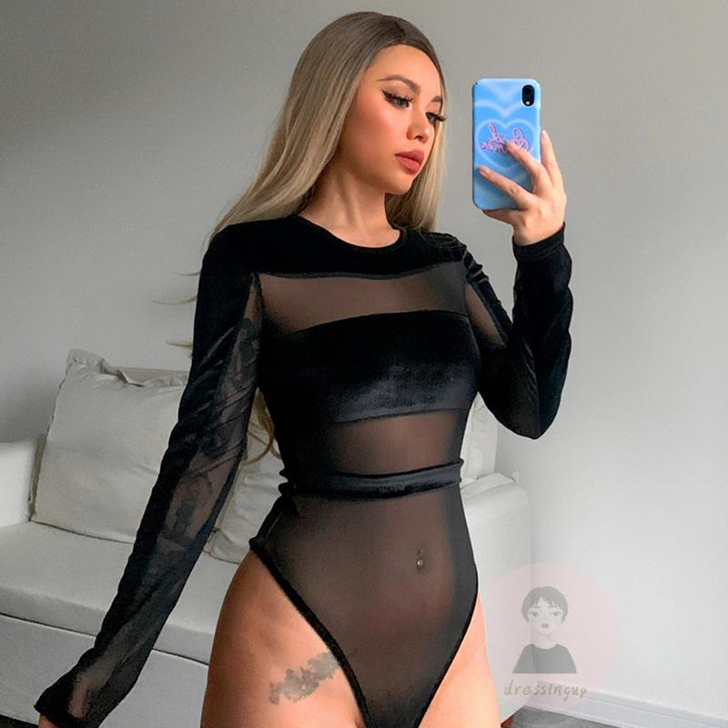 Bộ Áo Liền Quần Tay Dài Cổ Tròn Phối Lưới Xuyên Thấu Thời Trang Cho Nữ